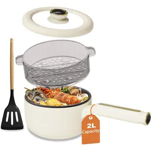 Hot Pot Electric with Steamer, 2L Multifunctional Electric Pot, Non-Stick Saute Pan, Portable Pot for Steak, Fried Rice, Ramen, Soup with Dual Power Control ( Spatula Included), Beige