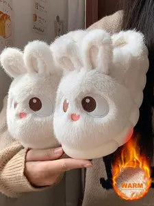 Cute Cartoon Rabbit Women's Home Slippers, Low Heel Soft Sole Indoor Slides, Fuzzy Warm Slippers, Cozy Plush Winter Footwear for Comfort