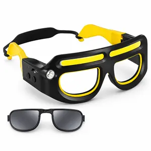 Rechargeable LED headlamp glasses with hands-free lighting safety glasses, featuring built-in COB light strips, IP65 waterproof rating, side beam focusing, and five modes—ideal for camping, fishing, cycling, and other activities.