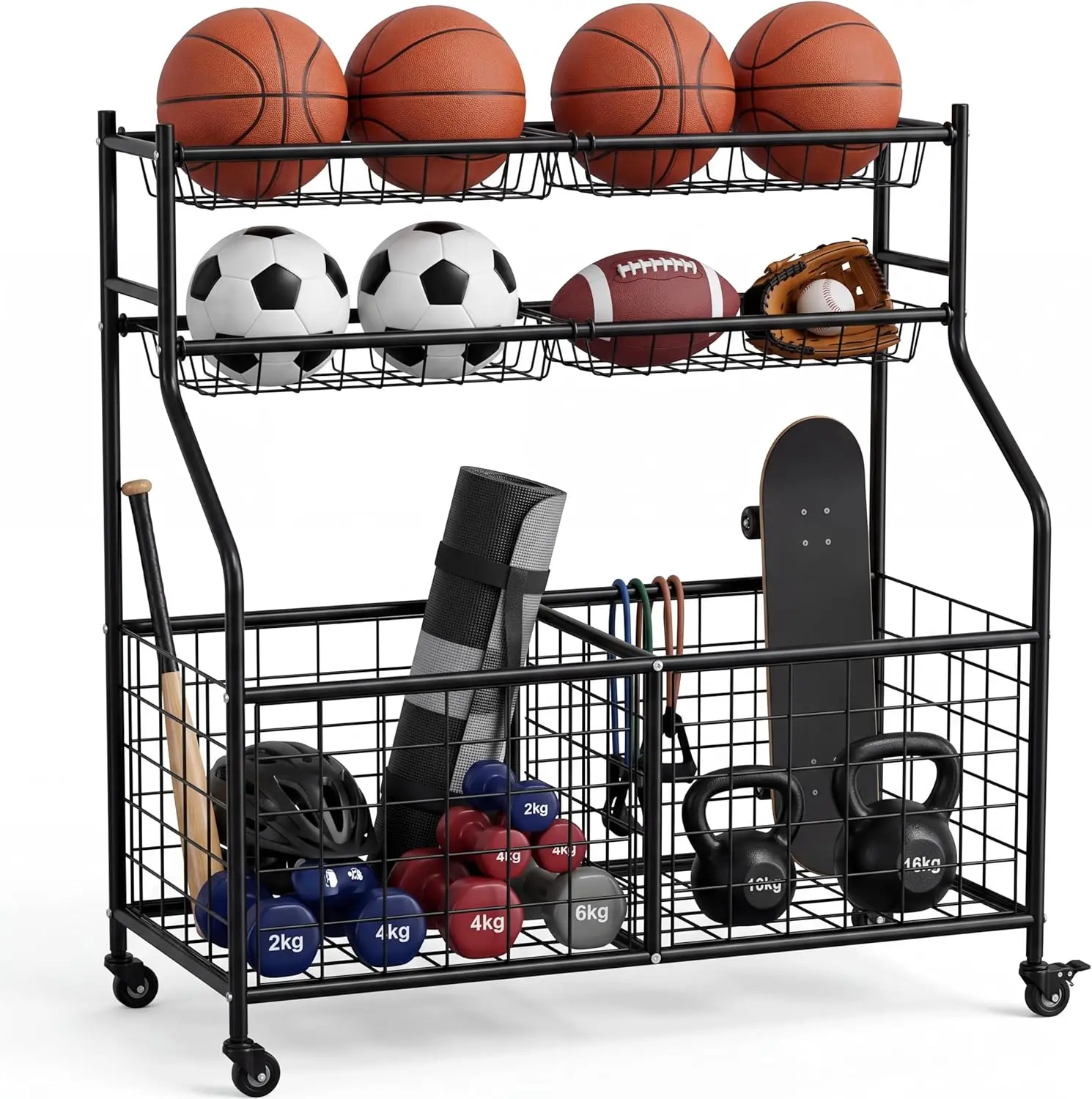 Ball Storage Cart, Heavy Duty Garage Sports Equipment Organizer with Lockable Wheels & Detachable Accessory Rack, Garage Toy Storage Cart, Ball Organizer for Garage, Basement, Gym, Playroom, School Sports Gear, Basketballs, Bats & Kids Toys Organization