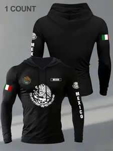 Men's Classic Letter Flag Print Hooded Long Sleeve T-Shirt, Casual Fitted Top, Fall & Winter Gym Wear, H-Type Silhouette, Athletic Hoodie