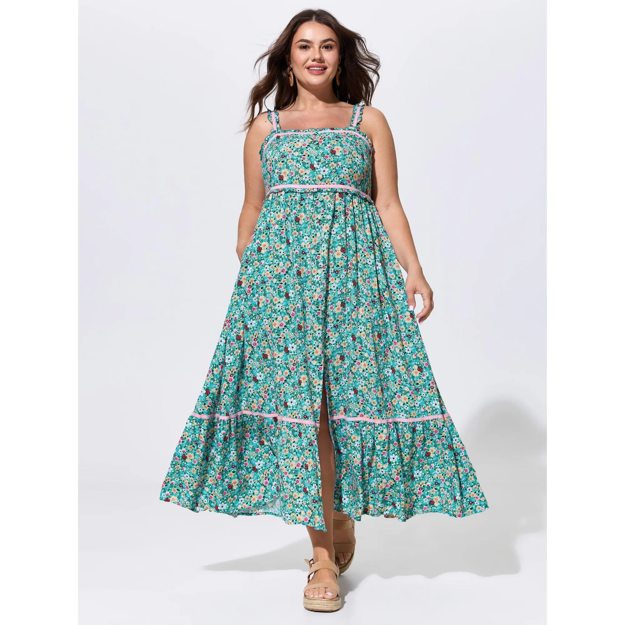 BloomChic Women's Plus Size Smooth Bohemian Maxi Dress, a Floral Print Garment with a Smocked Bodice and Button Front, Rayon Fabric, Ditsy Floral, Womens Dresses, Style, Pocket, Sleeve, Casual Wear, Plus Size Casual Dresses