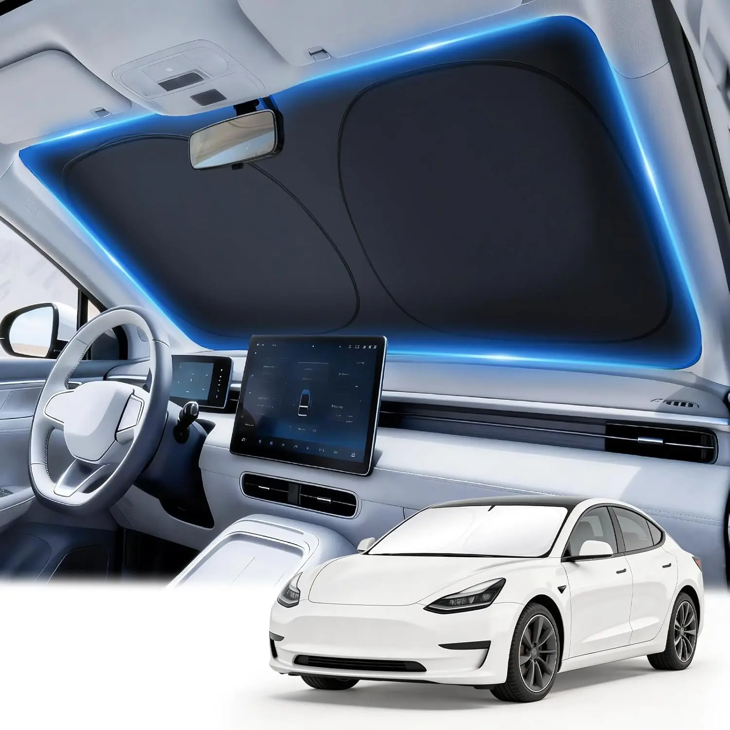 JUSTTOP Tesla Model 3/Y Windshield Sun Shade (2017-2026)| Custom Fit & Foldable Sun Visor, Car Interior Accessories| 300T Upgraded Heat & UV Reflective Sunshade for Car Windshield
