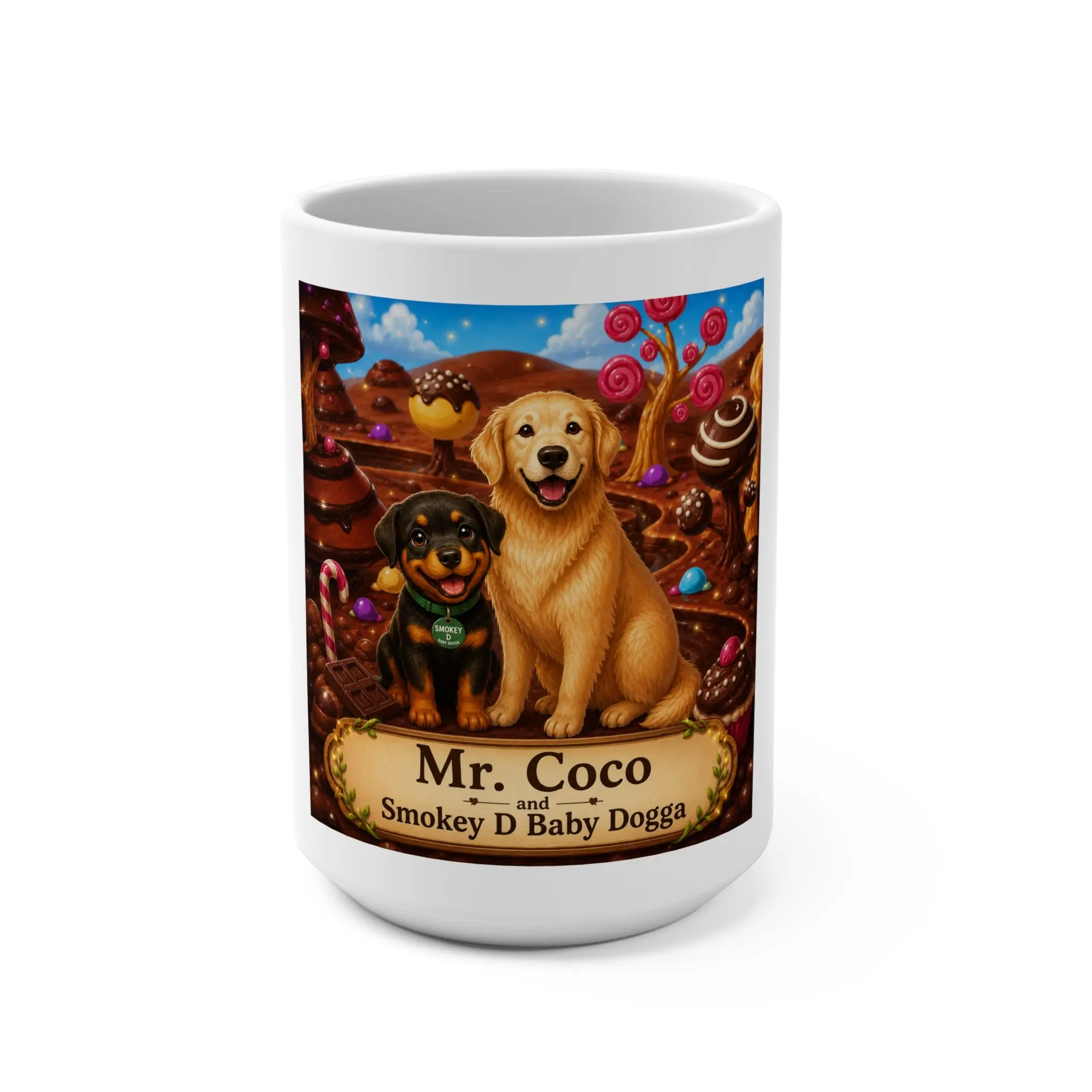 Mr. Coco & Smokey D Baby Dogga 15 oz Personalized Ceramic Coffee Mug | Cute Dog & Tropical Bird Mug | Whimsical Children's Book Gift | Custom Name Coffee Cup