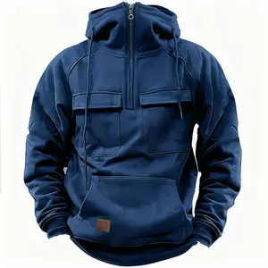 Fashionable men's clothing with a quarter zipper, loose fit, machine washable, comfortable all season sports hoodie, with multiple pockets, suitable for casual sports and fitness outdoor work style men's long sleeved hoodie