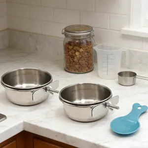 2 Stainless Steel Bird Bowls,Dishwasher Safe & Rust-Resistant Cage Feeder,Easy-Clean Food Water Cup with Spoon,Spill-Proof Holder for Parrots Small Animals,Cage Accessory Kit for Daily Use or Christmas Gifting