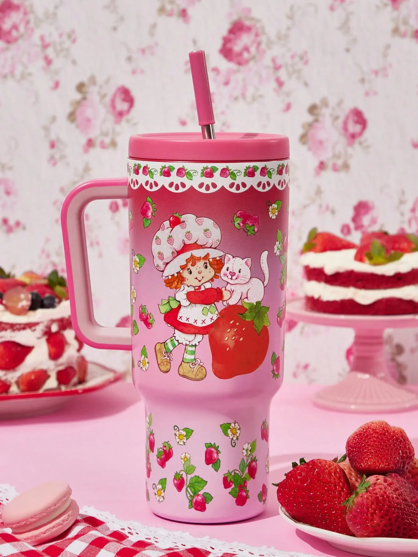 Strawberry Shortcake Cartoon Print Insulated Tumbler Mug - 40 oz/1200ml Portable Reusable Washable Water Bottle with Handle, Kitchenware Drinkware for Drinking, Gifting, Stylish