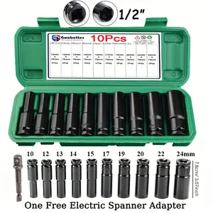 10Pcs 1/2" Impact Socket Set, Metric 10mm-24mm, Drive Type 6-Point, Drive Deep Impact Socket Set, Chromium-Vanadium Steel, Surface Electrophoresis Treatment, With Drill Socket Adapter For Home Use, Automotive Repair, Remodeling Work, Equipment Repair