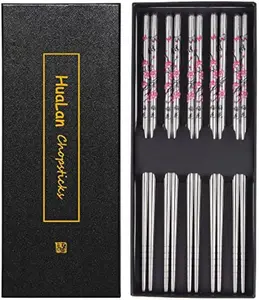 Stainless Steel Chopsticks, Metal Alloy Chopstick, Reusable Non-slip Design Chop Sticks, 5 Pairs Gift Set,Plum Pattern Design