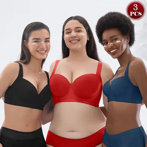 【SohoChic】Mimilemon Women's 3PCS Polyester Seamless Push-Up Full Coverage Bralette with Push-Up Inserts - All-Seasons Plain Casual T-Shirt-Ready Seamless Under Tees, Close-Fitting Daily Wear Underwear for Comfort