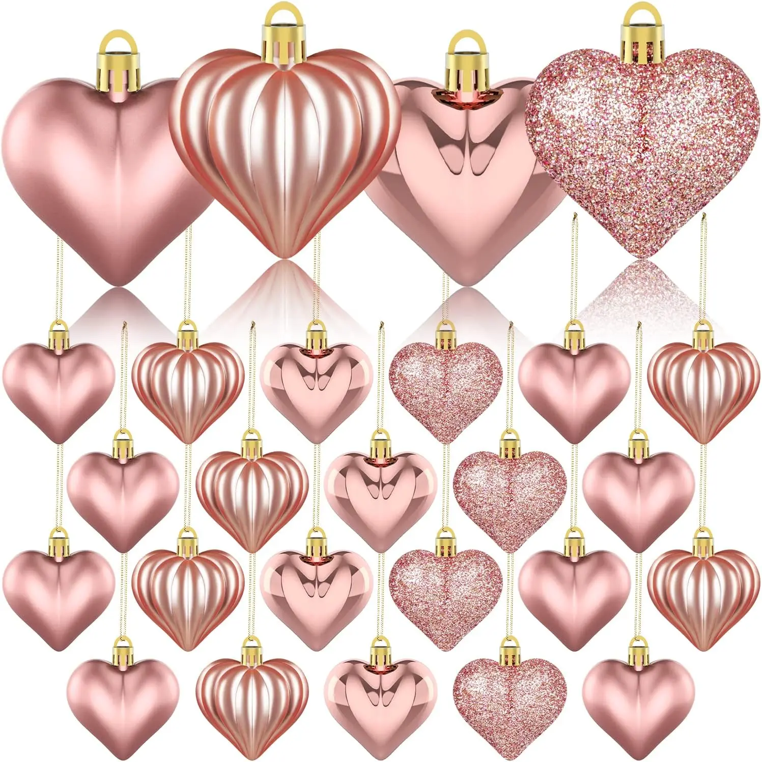 36Pcs Valentine's Day Heart Ornaments Rose Gold Heart Shaped Baubles for Valentine's Day Wedding Anniversary Party Supplies Home Tree Decorations 4 Styles