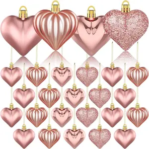 36Pcs Valentine's Day Heart Ornaments Rose Gold Heart Shaped Baubles for Valentine's Day Wedding Anniversary Party Supplies Home Tree Decorations 4 Styles
