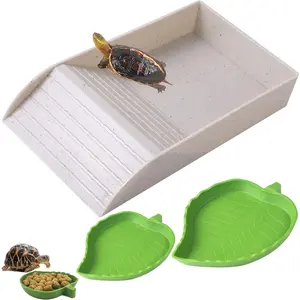 3pcs Gray Tortoise Food Dish with Ramp and Basking Platform Leaf Design Reptile Water Bowls Turtle Pool for Amphibians