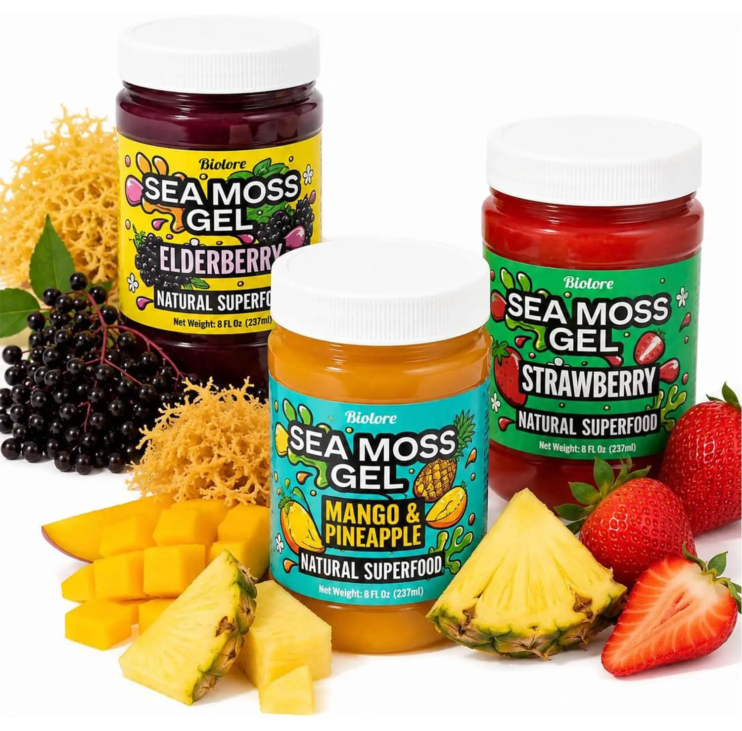 Biolore Sea Moss Gel Set of 3 – Total 24oz – Flavored Superfood with Natural Electrolytes – Mango-Pineapple, Elderberry, Strawberry – Wildcrafted Mango Jam Sea Moss – Minerals, Vegan, Made in USA
