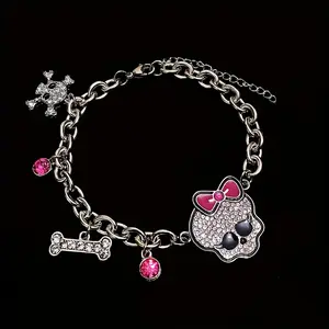 Y2K Punk Gothic Skull & Bone Charm Bracelet LL3051241 - Thick Chain Copper Alloy Jewelry with Pink Crystal Accents for Women's Fashion Accessories