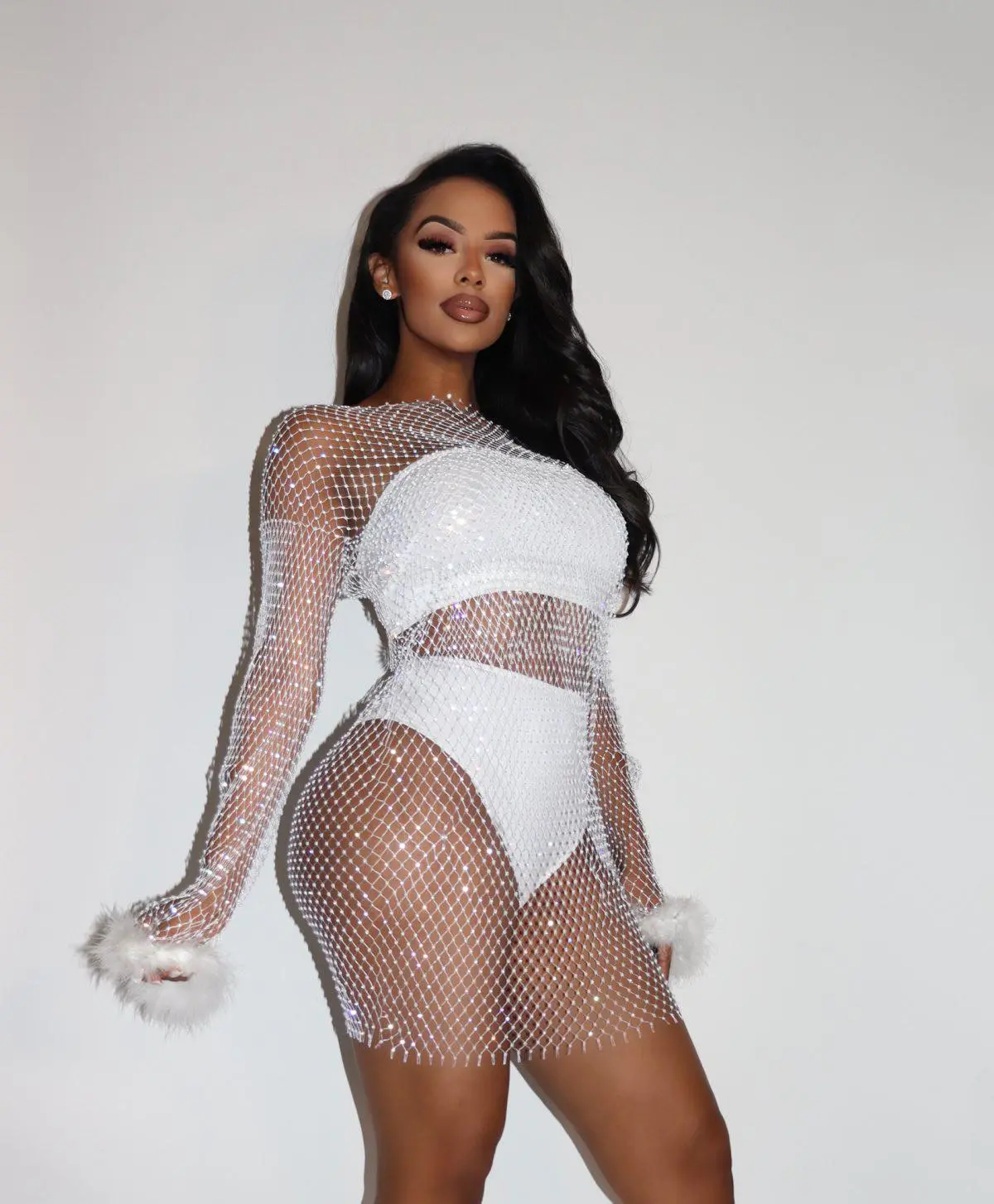 Starlet Fishnet Long Sleeve ToP Stretchy Sheer Sparkling Rhinestone Embellished elegant