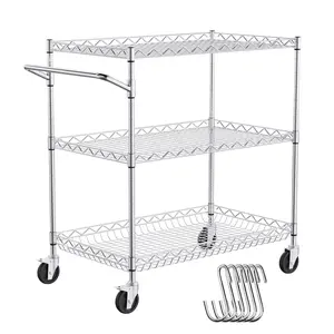 【Summervibes】VEVOR Kitchen Utility Cart, 3 Tiers, Wire Rolling Cart with 661LBS Capacity, Steel Service Cart on Wheels, Metal Storage Trolley with 80mm Deep Basket Curved Handle 6 Hooks, for Indoor and Outdoor Use Organiser Racks