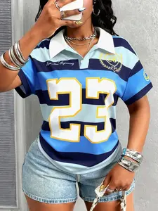 Women's Fashion Striped Slogan 23 Jersey Print Polo Shirt, Comfortable Loose Fit Button Short Sleeve, Street Style for All Occasions