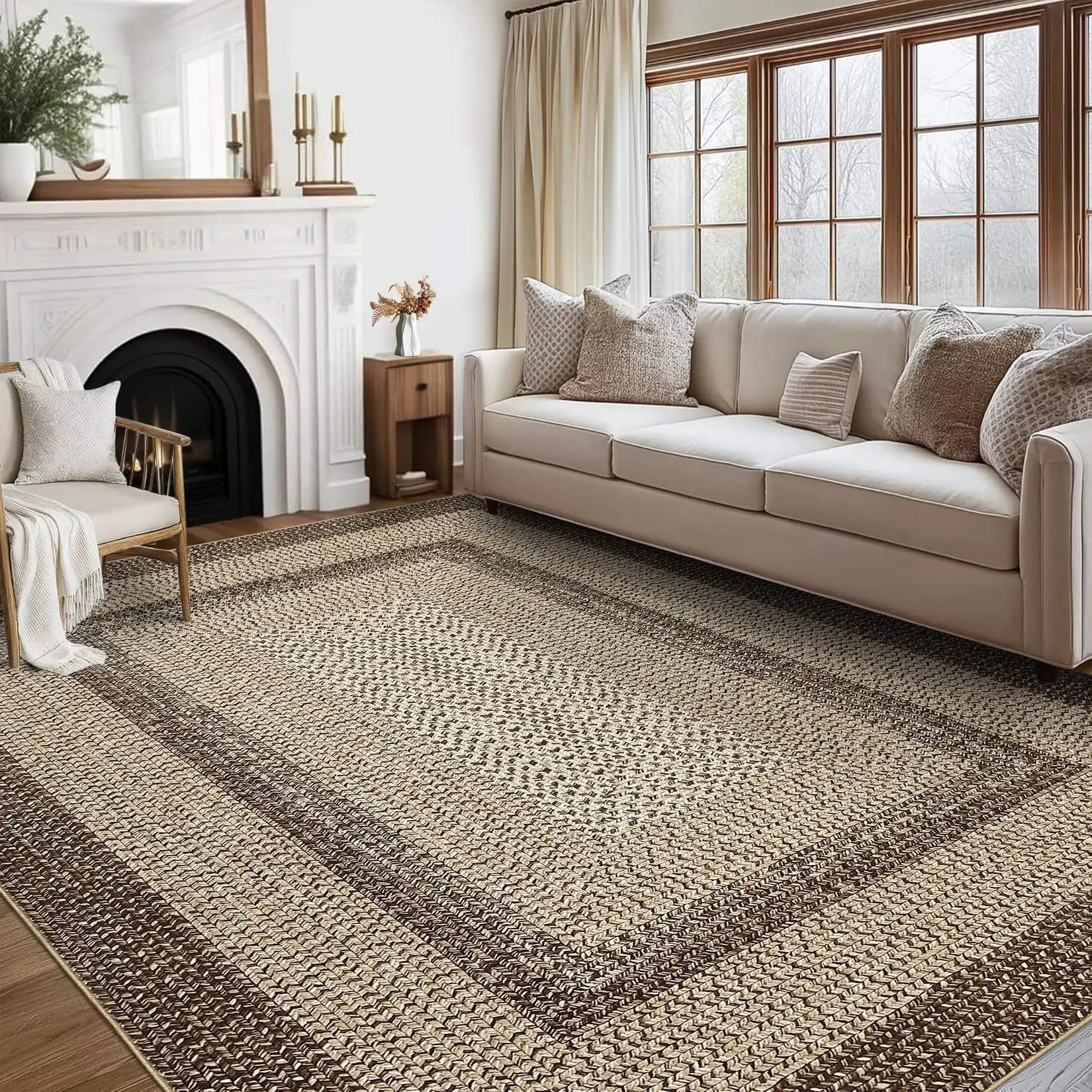 GARVEE Braided Collection-Print Farmhouse Living Room Area Rug 8x10, Non-Slip Washable Modern Large Carpet, Stain Resistant Ultra-Thin Foldable Floor Cover for Nursery and Dining Room