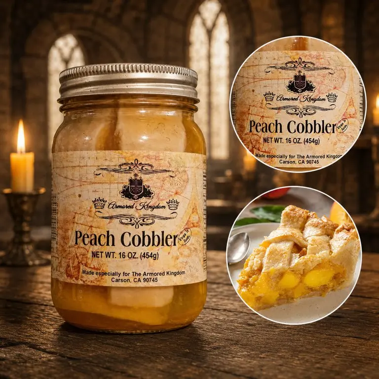 The Armored Kingdom Premium Peach Cobbler Pie in a Jar - 16 oz Brown Sugar Custard Vanilla Pie - No Mixing Holiday Pantry Dessert with Real Peaches