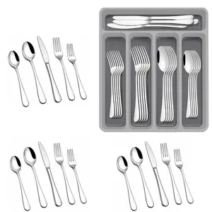 60-Piece Silverware Set with Organizer, Stainless Steel Flatware Set for 12,Cutlery Utensil Sets for Home Restaurant,Tableware Flatware Set Include Dessert forks spoons and knives, Modern Mirror Polished Dining