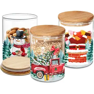 [Christmas deal] Christmas Decorations Indoor | Christmas Cookie Jar with Lids | Christmas Decor for Kitchen | Christmas Candy Jar with Airtight Bamboo Lid, Christmas Glass Food Storage Jars, Christmas Gifts, Christmas Canister Set