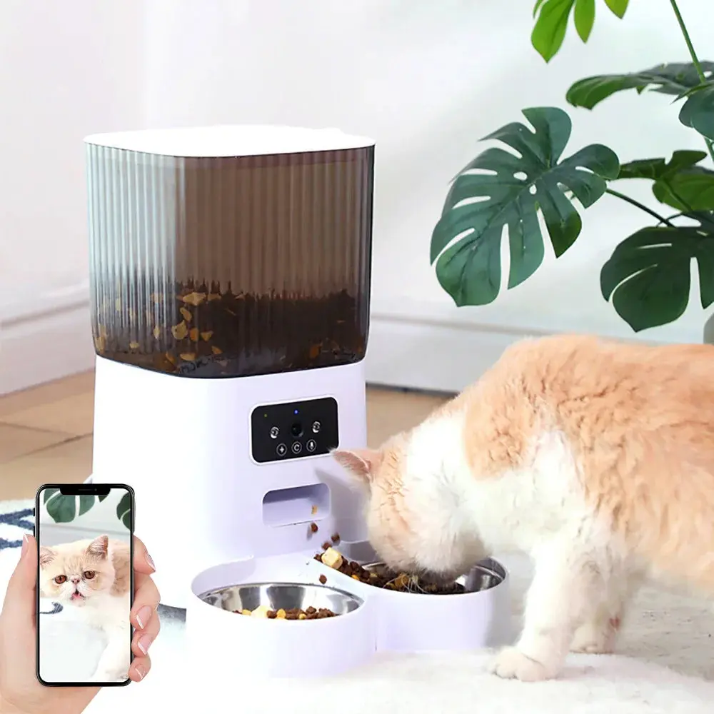 Smart Automatic 5L Double Bowls Cat & Dog Feeder with Camera, Voice Recorder, Motion Detection, Wi-Fi Enabled, Auto Feeder for Kittens & Newborns
