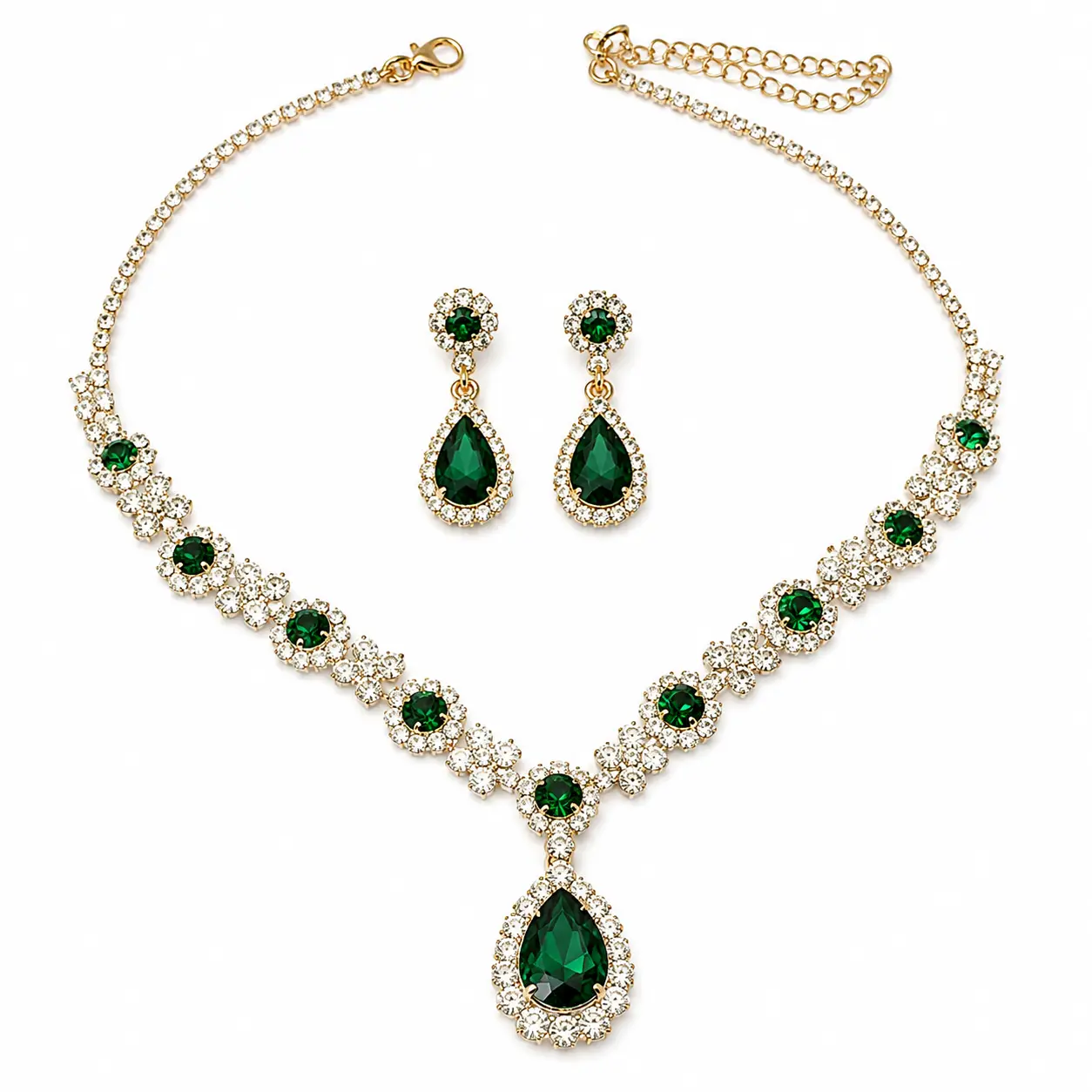 XL-A07-Luxury Emerald Green Crystal Jewelry Set | Gold Tone Statement Necklace & Dangle Earrings | Royal Bridal Wedding & Prom Accessories for Women