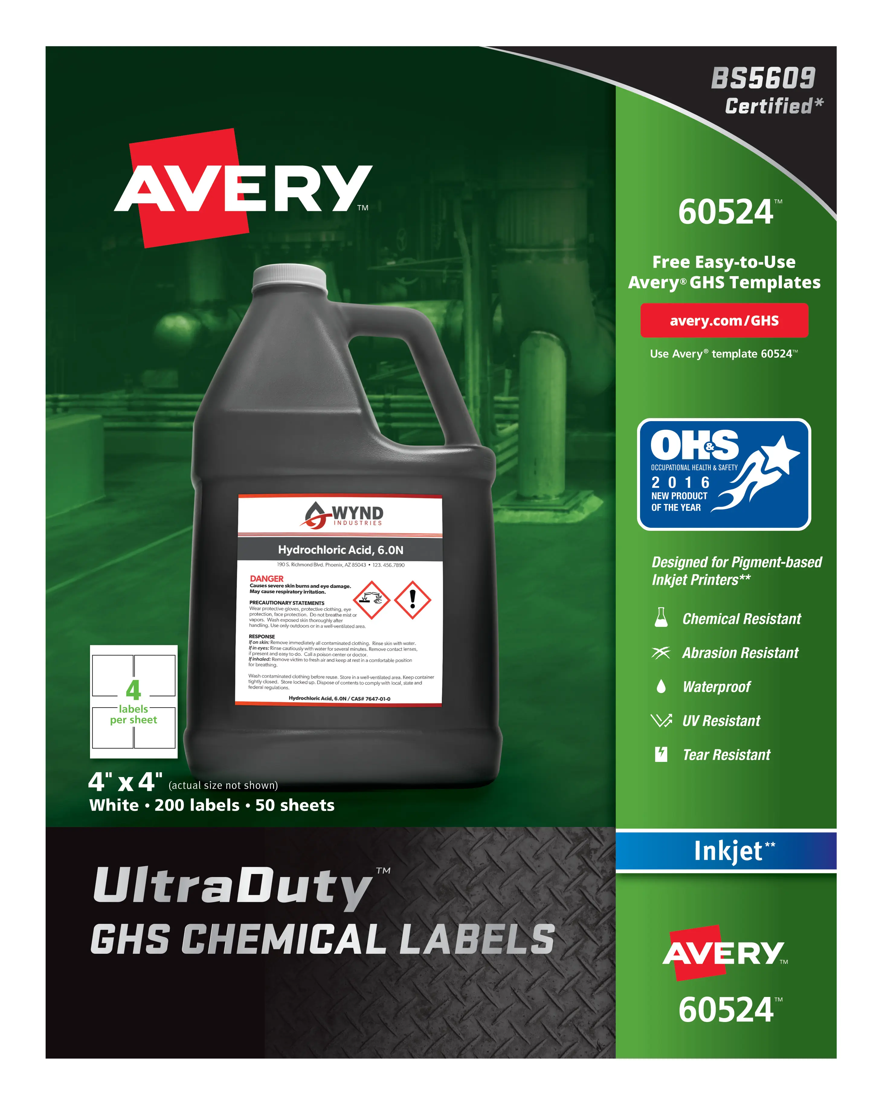 Avery UltraDuty GHS Chemical Labels - Pigment Inkjet Printer Compatible, Waterproof, UV Protective, Abrasion Resistant, Weatherproof, Durable 4x4 in, 200-Pk for Chemical Labeling (60524), Durable Labels