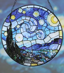 Hanging Stained Glass for Windows,20cm/7.87inch Van Gogh Starry Night Stained Glass Suncatcher with Chain Garden Diamond Glass Panel Hangings Decoration for Home Decor Gifts for Family Friends