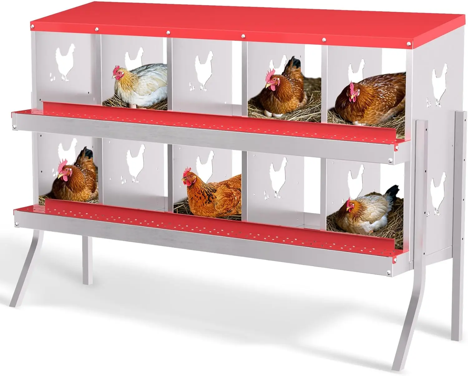 Galvanized Steel 10-Hole Red Chicken Nesting Box with Stand, Legs, Perch, Roll-Away Egg Tray, Wall Mounted - Farm Poultry Hens Laying Box for Pet & Farm Animal Supplies