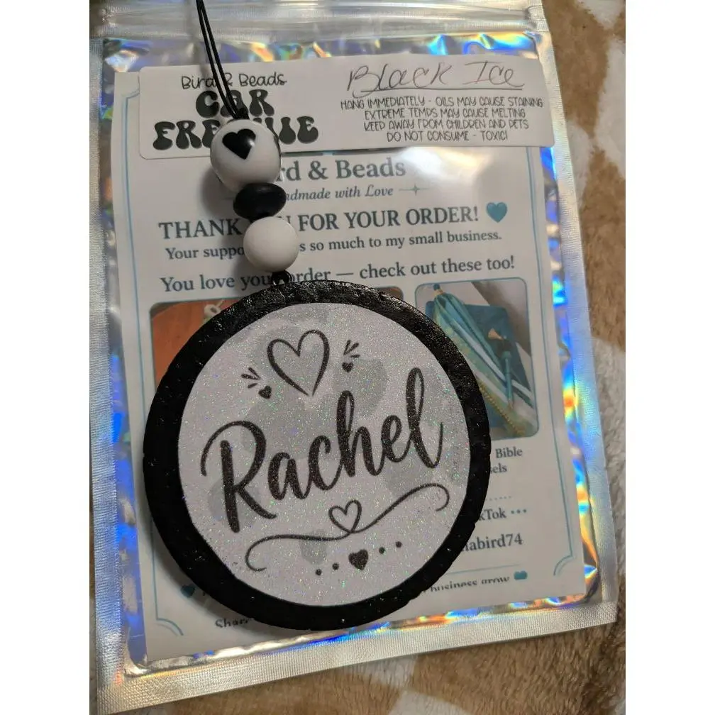 Car Freshners, Black & White Personalized Scented Freshie with Matching Keychain Bracelet Set - Customizable Name Design