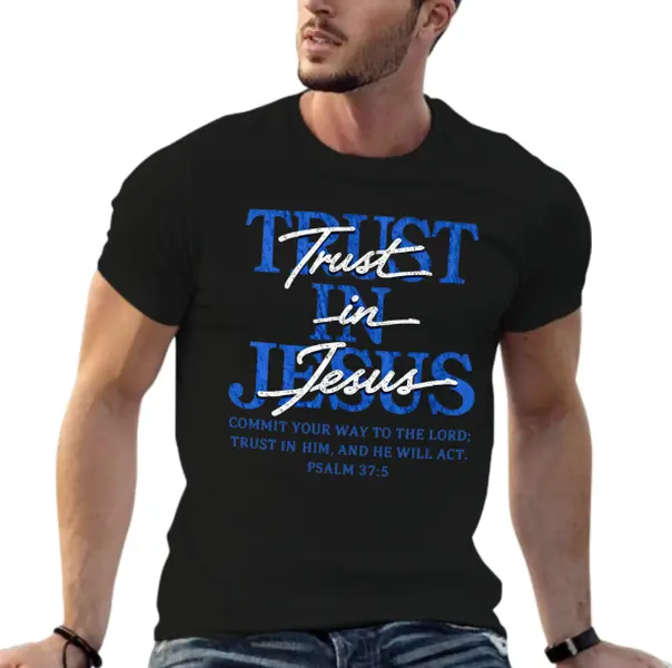 Christian Washed Oversized Tee, "Trust in Jesus" Psalm 37:5 Bible Verse Design, Faith-Based Gift for Men & Women