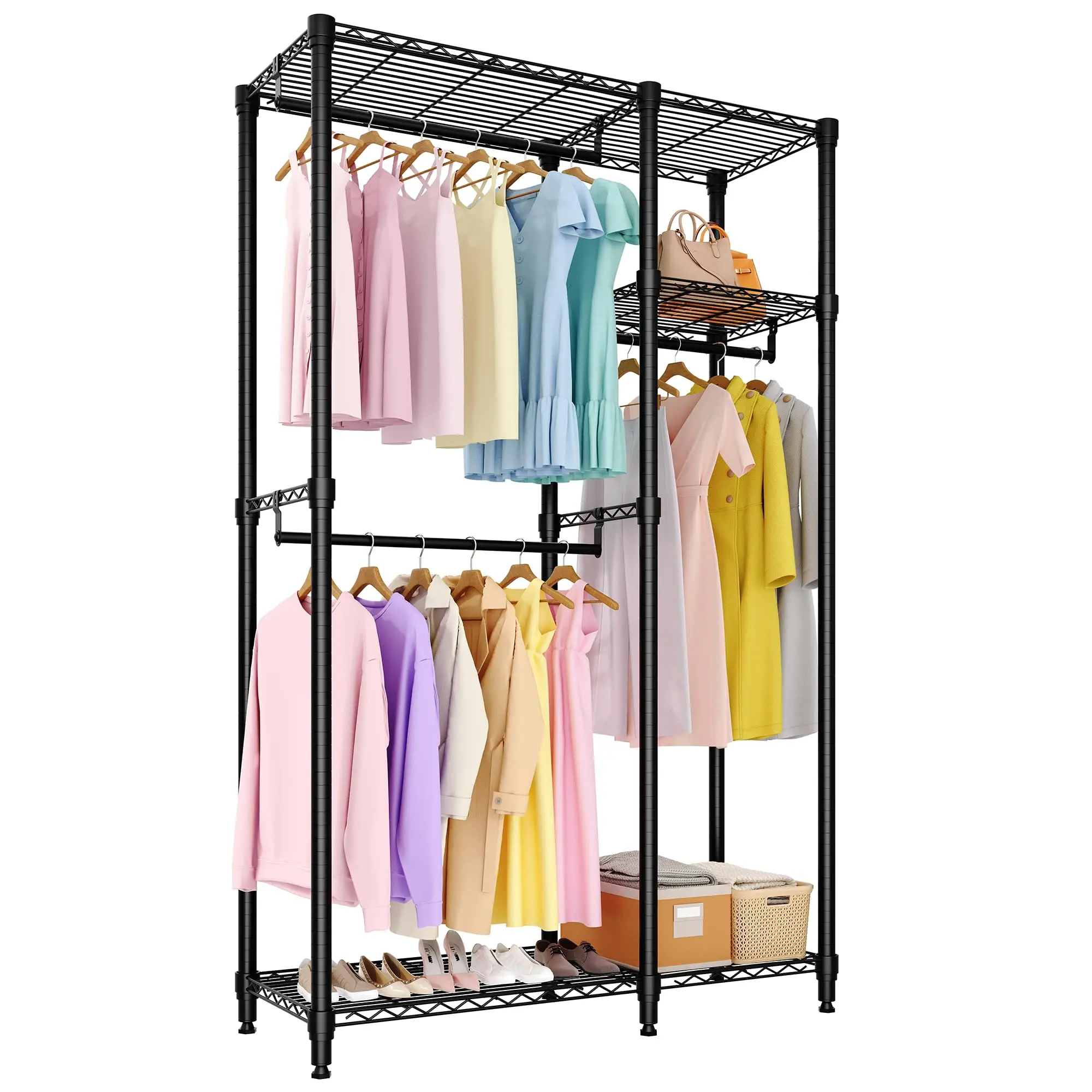 Garvee Heavy Duty Clothes Rack for Hanging Clothes, 76.5"H Large Freestanding Garment Rack Portable Closet Organizer and Storage with Hanging Rods, Adjustable Shelves Closet Wardrobe for Bedroom Cloakroom