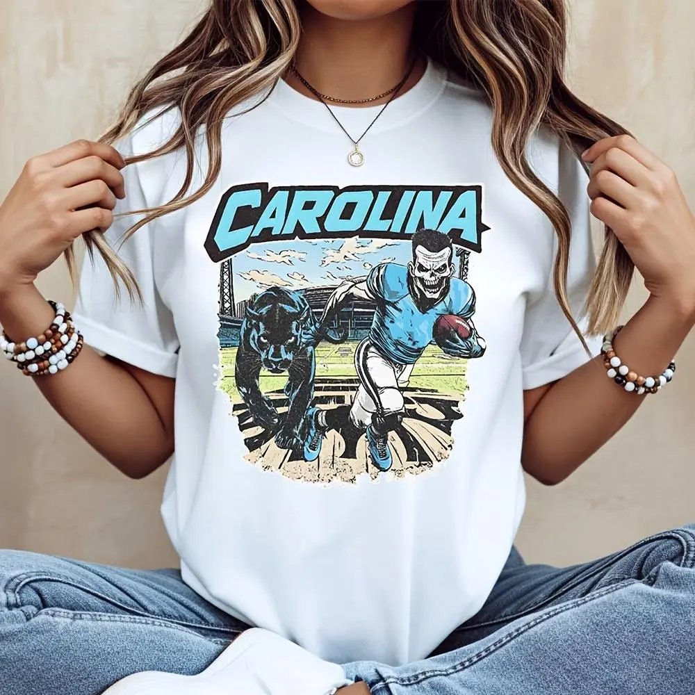 Carolina Football Player And Panther Graphic Print, T-Shirt, American Sports Fan Apparel, Casual Daily Wear Game Day