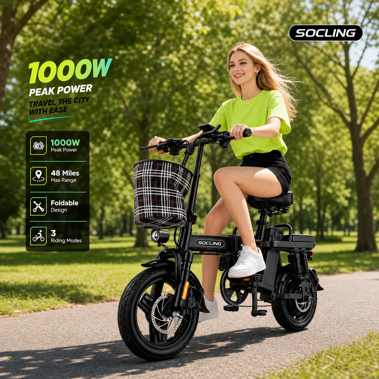 1000W Folding Electric Bike for Teens & Adults, Compact Commuter E-Bike with 48-mi Range, Car Trunk & Apartment Storage Compatible, Bright Headlight, Ideal Birthday Gift