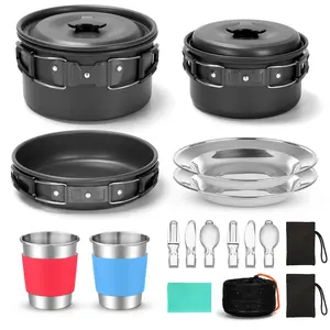 15pcs Camping Cookware Mess Kit, Non-Stick Lightweight Pots Pan Set with Stainless Steel Cups Plates Forks Knives Spoons for Camping, Backpacking, Outdoor Cooking and Picnic