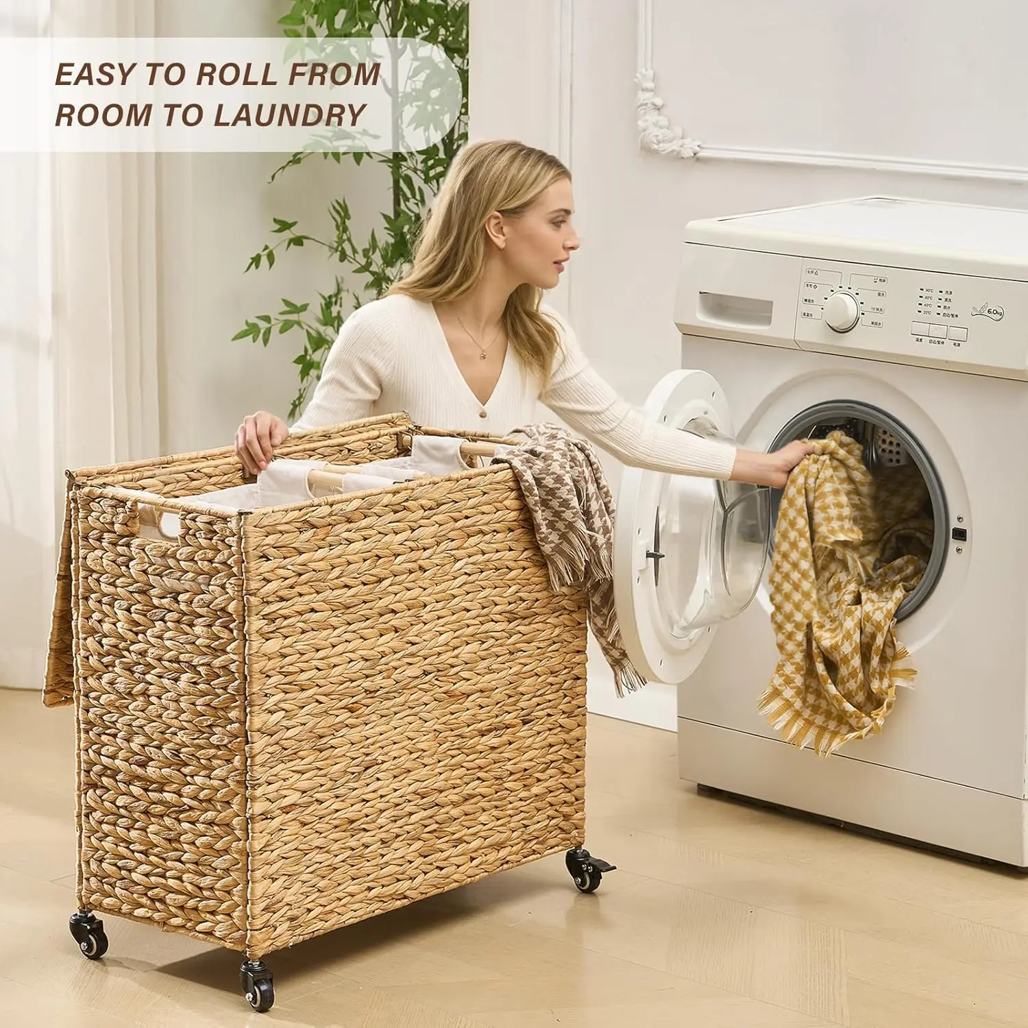 Handwoven Laundry Hamper with Lid, Natural Water Hyacinth Heightened Feet Laundry Basket, Wicker Clothes Hamper with Removable Liner Bag, Clothes storage, Handmade Laundry(229)