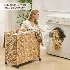 Handwoven Laundry Hamper with Lid, Natural Water Hyacinth Heightened Feet Laundry Basket, Wicker Clothes Hamper with Removable Liner Bag, Clothes storage, Handmade Laundry(229) summervibes