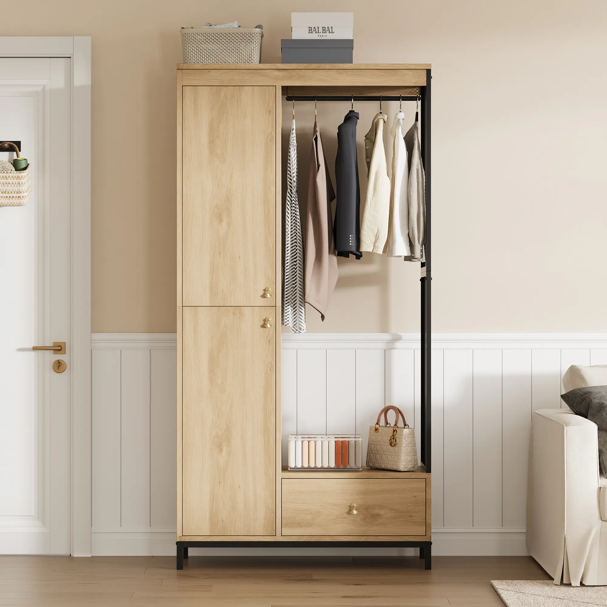 Spacious Storage Solution Armoire Wardrobe Closet – 78.9'' Modern Wood Frame, Drawers, Shelves, Hanging Rod, Freestanding Bedroom Storage Cabinet, Ideal for Clothes, Entryway or Nursery – Cream White or Black