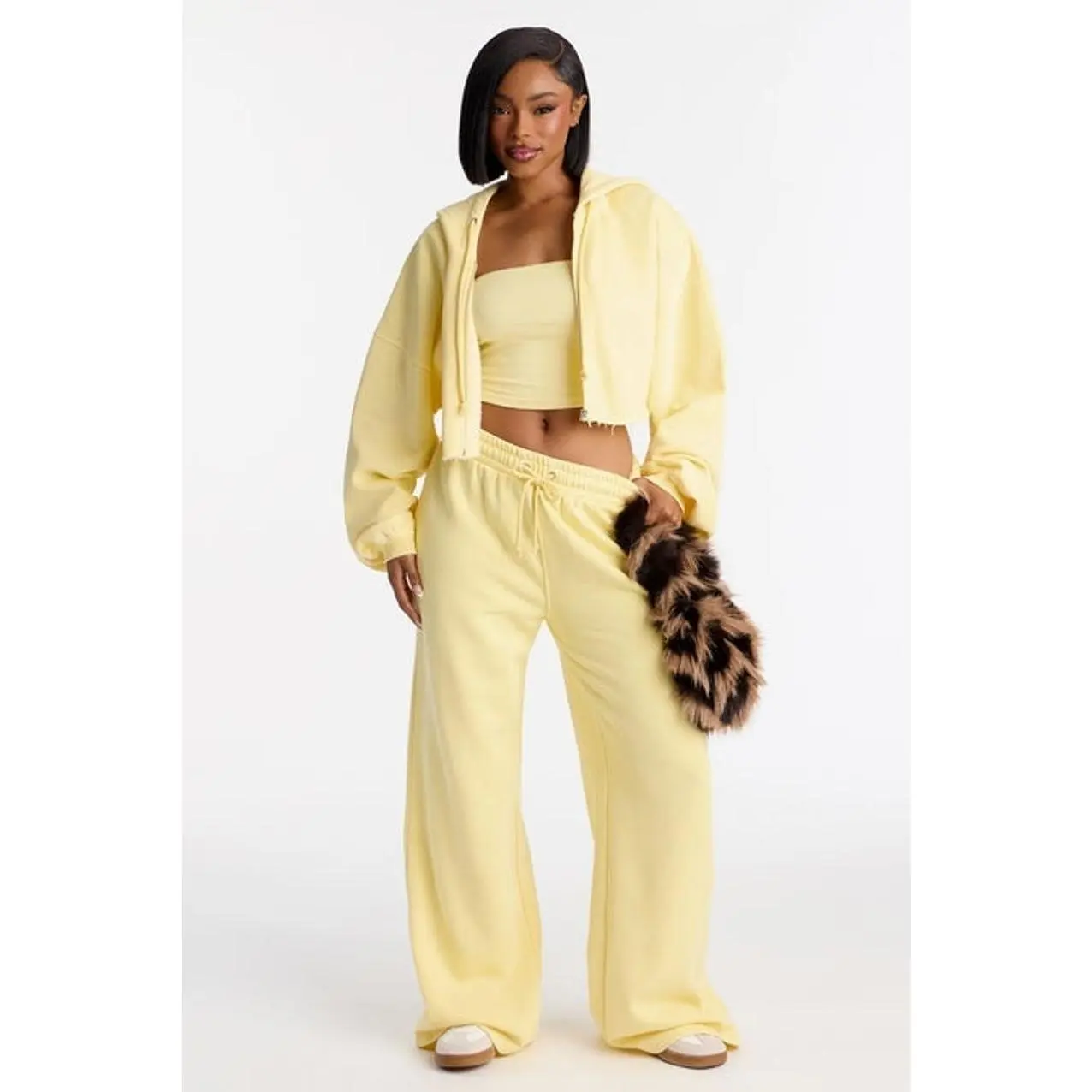 Women's Cotton Casual 2-Piece Fleece Set - Hooded Cropped Long Sleeve Front Zip Hoodie, Loose Fit Wide Leg Pants, Yellow, Size 3, Plus Sizes