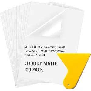 100 Pack Matte Self Adhesive Laminating Sheets, 9 x 11.5 Inches, 4 Mil Thick for Letter Size 8.5 x 11 Matte Finish Self Lamination Sealing, No Heat Laminating, With Scraper