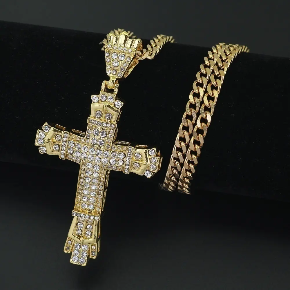Bogadion Bold Cross Design Diamond Cross Pendant Necklace for Men, Iced Out Cuban Links Chain, Exquisite Jewelry Gift (Hip Hop Bling Gold Costume Accessory), Cross Necklace