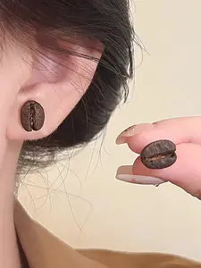 Elegant Coffee Bean Design Earrings for Women, Unique Daily Commute Jewelry, Stylish Small Studs (random Size)