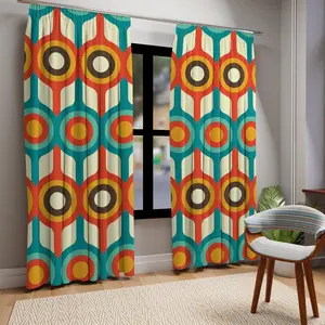 Mid Century Modern, Groovy 70's, Burnt Orange, Teal, Mustard Yellow, Brown, Geometric Retro Mid Century Decor Window Curtains With Bonus