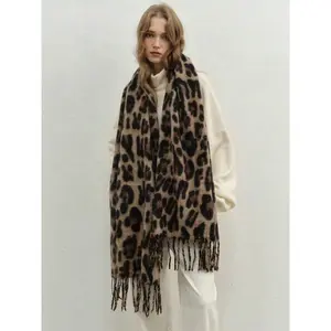 Leopard Print Scarf with Tassel Detail, Thick Woven Fabric Shawl for Fall & Winter, Y2K Faux Wool Warm Shoulder Wrap, All Seasons Fashion Accessory