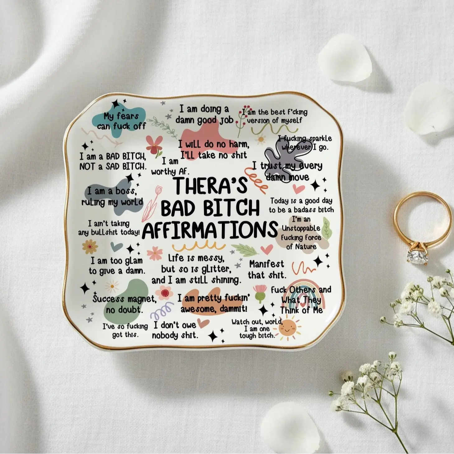 Personalized Swear Affirmations Ring Dish Organiser, Custom Name Jewelry Tray, Funny Birthday Gift for Friends, Home Supplies Storage Accessory