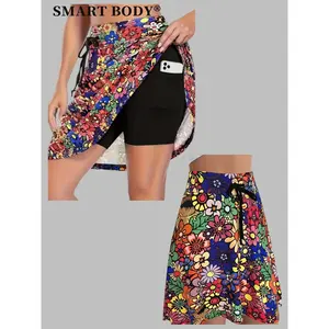 Women's Vitality Floral Print Layered Culottes with Side Pockets-Spring Summer Elegance High Waist Mini Skirt, Adjust Drawstring Waist, Nylon Fabric, Perfect for Tennis, Golf and Casual Wear
