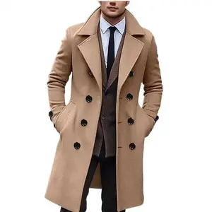 Men's Fashion Solid Color Coat Korean Style Double-Breasted Mid-Length Trench Coat Jacket