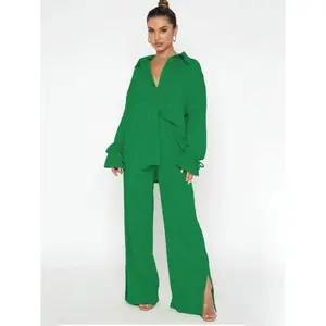 Women's Solid Button Front Blouse & Split Hem Pants Two-Piece Set, Casual Flounce Sleeve Collared Top & Wide Leg Trousers 2 Piece Set for Fall & Winter, Women's Clothes for Daily Wear